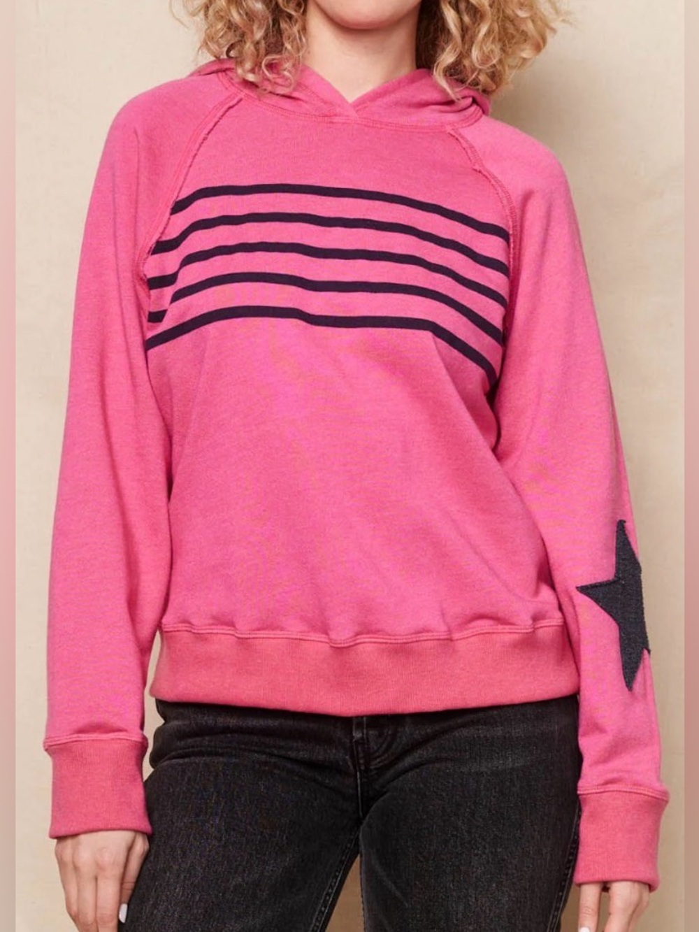 Sundry Pink Hooded Sweatshirt with Navy Stripes & Star on Sleeve NWT